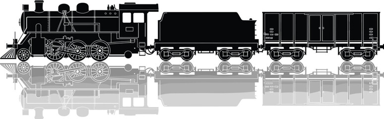 Steam locomotive train silhouette illustration, vintage railway engine artwork, coal tender boxcar vector drawing, historical transportation design concept © Anonto