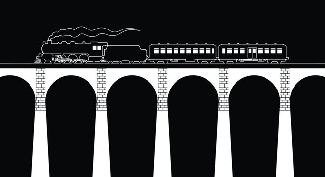 Steam locomotive train viaduct illustration, vintage railway bridge artwork, coal tender passenger cars vector drawing, transportation silhouette concept