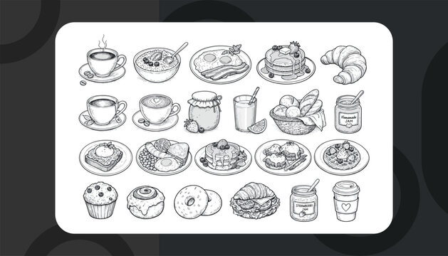 Hand Drawn Breakfast Food and Beverage Sketch Vector Collection Featuring Coffee, Pancakes, Croissants, Eggs, Toast, Jam, Pastries and Caf&eacute; Menu Icons