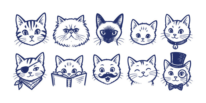 Cute cat portrait character doodle element set featuring pirate reading book mustache and top hat gentleman, vector illustration