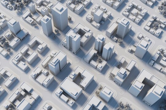 Aerial view of white model city with small buildings, skyscrapers. Urban layout shows streets blocks, roads in minimalist style. Three dimensional design features simple geometric shapes. Digital