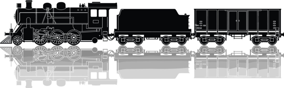 Steam locomotive train silhouette illustration, vintage railway engine artwork, coal tender boxcar vector drawing, historical transportation design concept