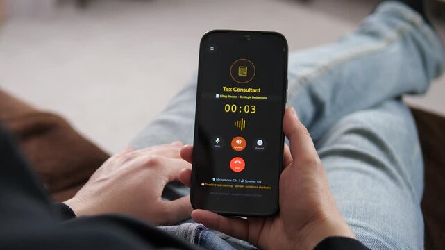 A taxpayer answers a mobile call from a tax consultant, then begins a live advisory session on deductions, filing review and deadline prep in a fast growing era of remote financial support.