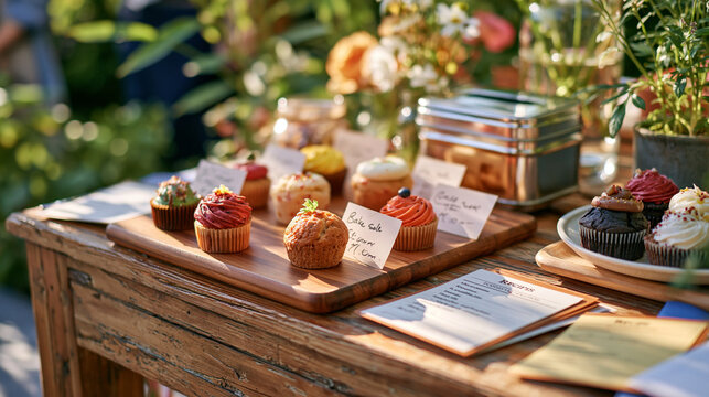 Weathered wooden table outdoors in dappled garden light displaying a children's bake sale setup with handwritten price tags, small mismatched cupcakes, a tin money box, and scattered recipe index ca