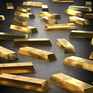Square View of Gold Bars Scattered on Dark Floor - 3d illustration