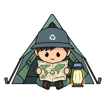 Cute cartoon boy camping and reading a map inside a tent.