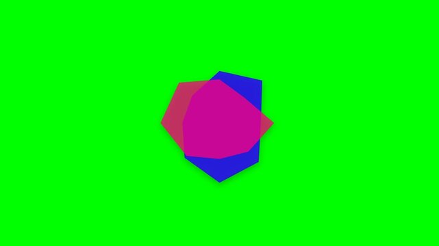 Overlapping geometric polygons in vibrant red and blue on a green background