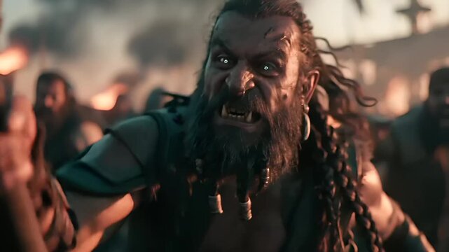 Europe medieval lifestyle. A dramatic, actionpacked scene features a menacing orc warrior in the foreground. The orc has long, dark hair and a beard, and piercing blue eyes.