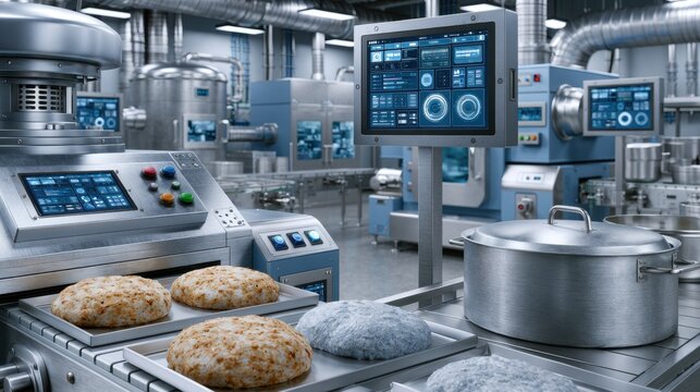 Modern Food Processing Facility with High-Tech Machinery and Control Panels for Efficient Production of Various Food Items