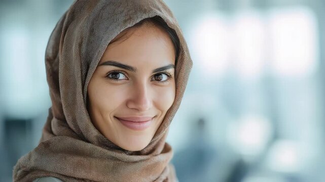 Portrait of a smiling young woman wearing a brown hijab looking at camera in a bright office setting, professional muslim female business concept