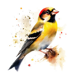 Fototapeta premium Goldfinch watercolor style, fantasy-inspired semi-realistic illustration, soft glowing accents, isolated on white