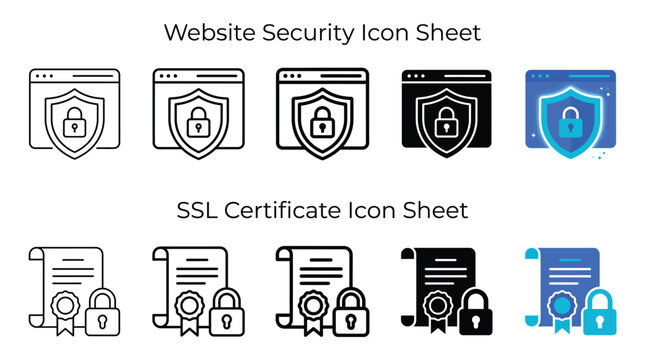 Website security and ssl certificate vector icon set featuring multiple styles of black line art and colorful gradient graphic design elements for modern digital interface applications