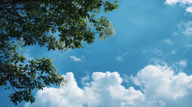 Low angle view of lush green tree branches swaying gently against a bright blue sky with fluffy white clouds on a sunny day in summer season