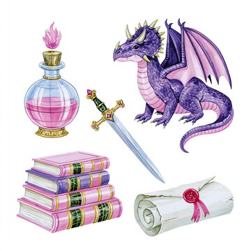Fantasy dragon and magic items clipart. Watercolor style fairy tale elements on white.