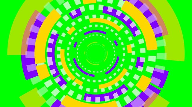 Abstract circular geometric pattern featuring vibrant yellow and purple blocks