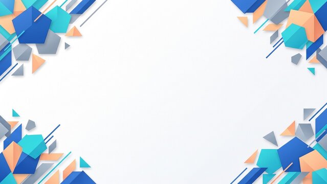 Contemporary corporate background with polygon edge accents in blue, turquoise and orange. Spacious white center and refined geometric styling for presentations and marketing materials.
