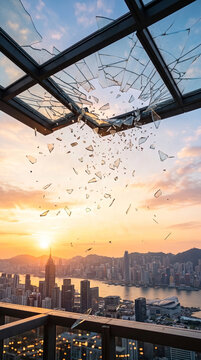 Premium background for International Women's Equality Day integrated into a shattered glass ceiling concept illuminated by golden sunrise light, symbolic of breaking barriers, creating opportunities
