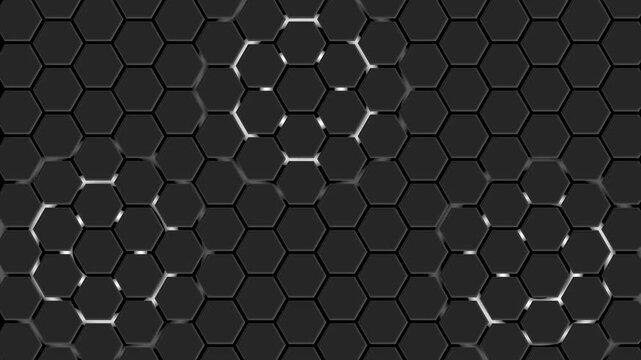 Dark hexagonal honeycomb pattern background animation, Hexagonal honeycomb pattern with three highlighted clusters and subtle glossy reflections