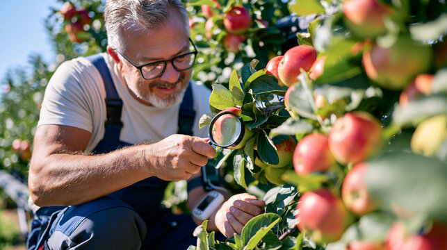 Elderly quality inspector crouching in a sunlit orchard row, magnifying glass examining fruit skin with practiced precision, diabetes management evident in a discreet continuous monitor on forearm, 
