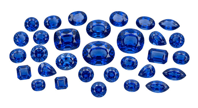 A collection of various cut blue sapphire gemstones in different shapes and sizes, arranged on a plain white background, for display