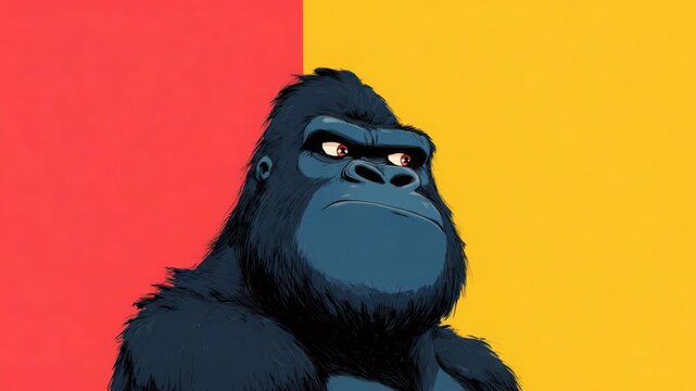 Animated gorilla character portrait in a four panel grid layout with vibrant red and yellow background colors for modern creative graphic design