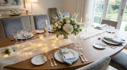 Fototapeta premium Elegant Dining Table Setting with Floral Centerpiece and Twinkling Lights