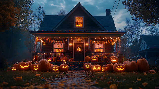 Decorated house for Halloween with pumpkins in front yard and colorful banners. A house is decorated for Halloween with many pumpkins on the porch and yard. Colorful banners hang above, and lights are