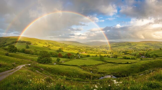 Vibrant double rainbow arches over lush green rolling hills and farmland