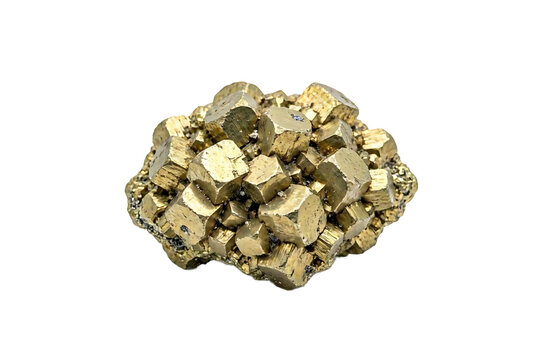 A natural cluster of golden pyrite crystals with cubic formations, showing metallic luster and raw mineral texture on a white background