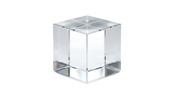 A perfectly clear glass cube with sharp edges and smooth surfaces, reflecting light, isolated on a plain white background, for display
