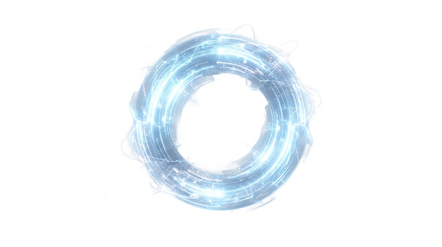 A soft glowing blue circular ring of light with ethereal energy trails and faint sparks, isolated on a clean white background