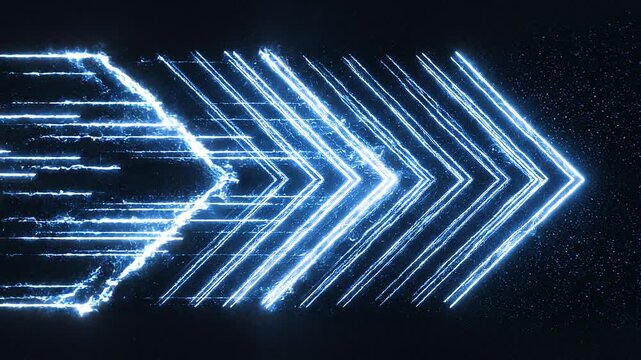 Colorfull blue moving arrows formed by crossed narrow lines on black background, seamless loop. Animation. Crossed blue rays at an acute angle pointing to the left