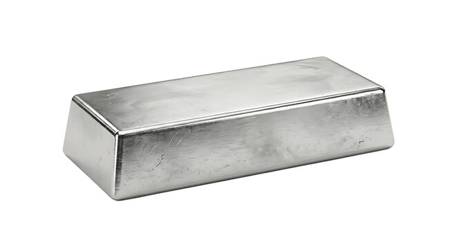 A solid rectangular bar of polished silver metal with a brushed texture and beveled edges, isolated on a plain white background, for view