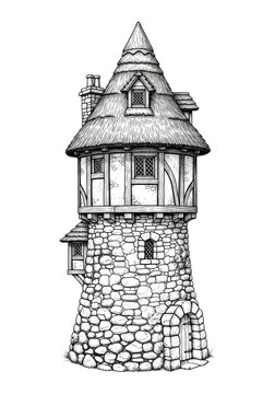 Detailed black and white ink illustration of a charming fairytale tower house with exposed timber framing and heavy thatched roof against a transparent background, concept of medieval fantasy design