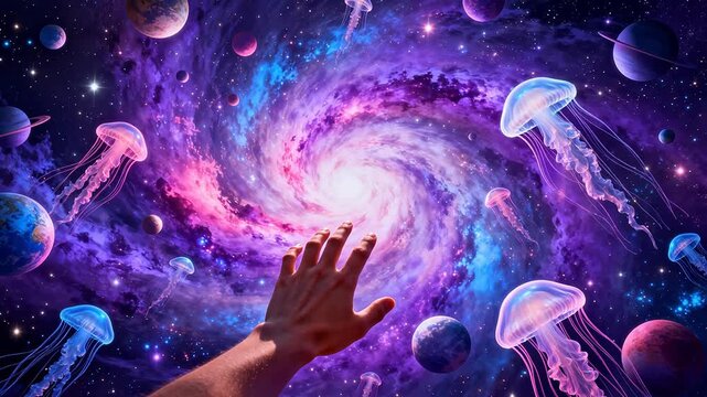 Hand reaching into cosmic jellyfish