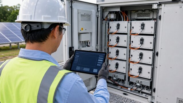 Professional reviewing microgrid diagnostics beside battery storage