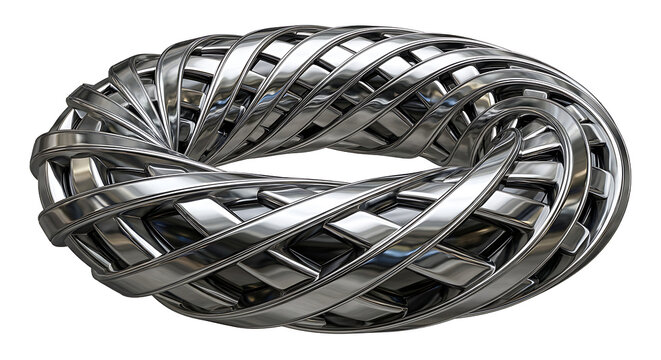 Abstract metallic torus shape made of interwoven silver ribbons, isolated on a white background, 3d render of complex geometric structure