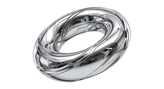 Abstract metallic ring sculpture with swirling intertwined bands, isolated on a white background, for artistic and conceptual