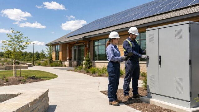 Technicians inspecting a community microgrid battery system