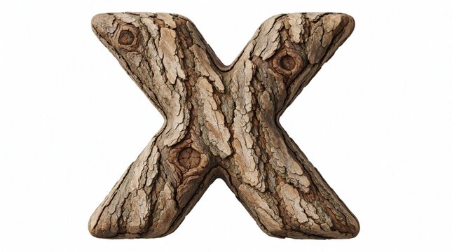 Three dimensional wooden X letter shape detailed with realistic tree bark texture. Natural pattern and earthy tones create rustic decorative object for home interiors or graphic design projects.