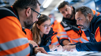Obraz premium Search and rescue team members of varied nationalities gathered around a map table in a busy urban operations center at dusk, radios crackling, determined expressions exchanged across the lit map su