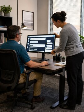 Accessibility specialist helping adjust a magnified office display