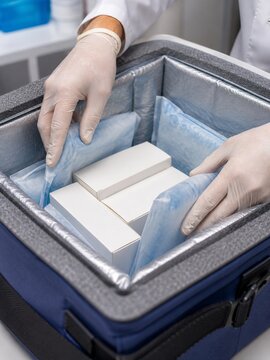Healthcare worker arranging cooling packs in an insulated container