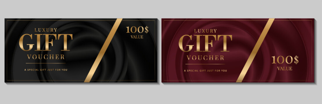 Luxury gift voucher template set. Two horizontal coupons in black and burgundy silk satin drapery style with gold lettering and diagonal ribbon. Elegant vector design for spa, boutique, retail.