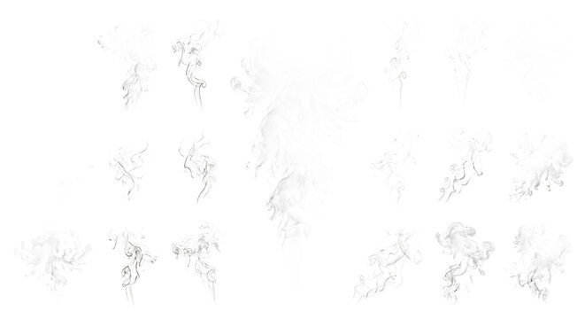Collection of isolated white smoke plumes and steam clouds on a white background, for overlays and, digital compositing effects