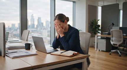 Obraz premium Professional Office Worker Experiencing Burnout While Sitting Alone at a Modern Desk with Overwhelming Workload in a Premium Corporate Environment