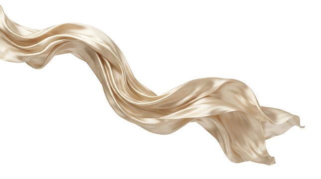 Flowing piece of beige silk fabric waving in the air isolated on a white background, with soft folds, and smooth satin, texture surface