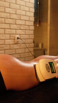 Vacuum roller massage. Anti-cellulite stage. Dim atmospheric warm light. Masseuse massages a woman's leg and thighs with a device. self-care, care, weight loss. slow motion