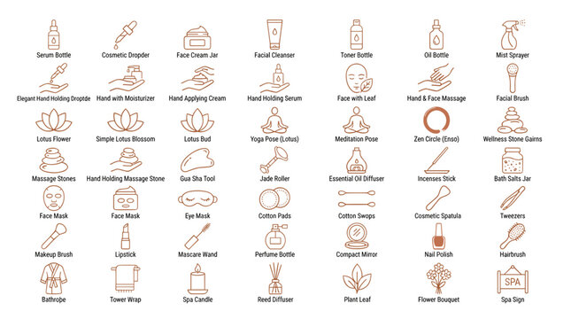Collection of spa treatment icons featuring various wellness products  