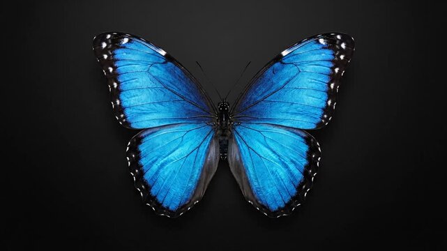 Blue morpho butterfly displaying vivid wings against a dark background.